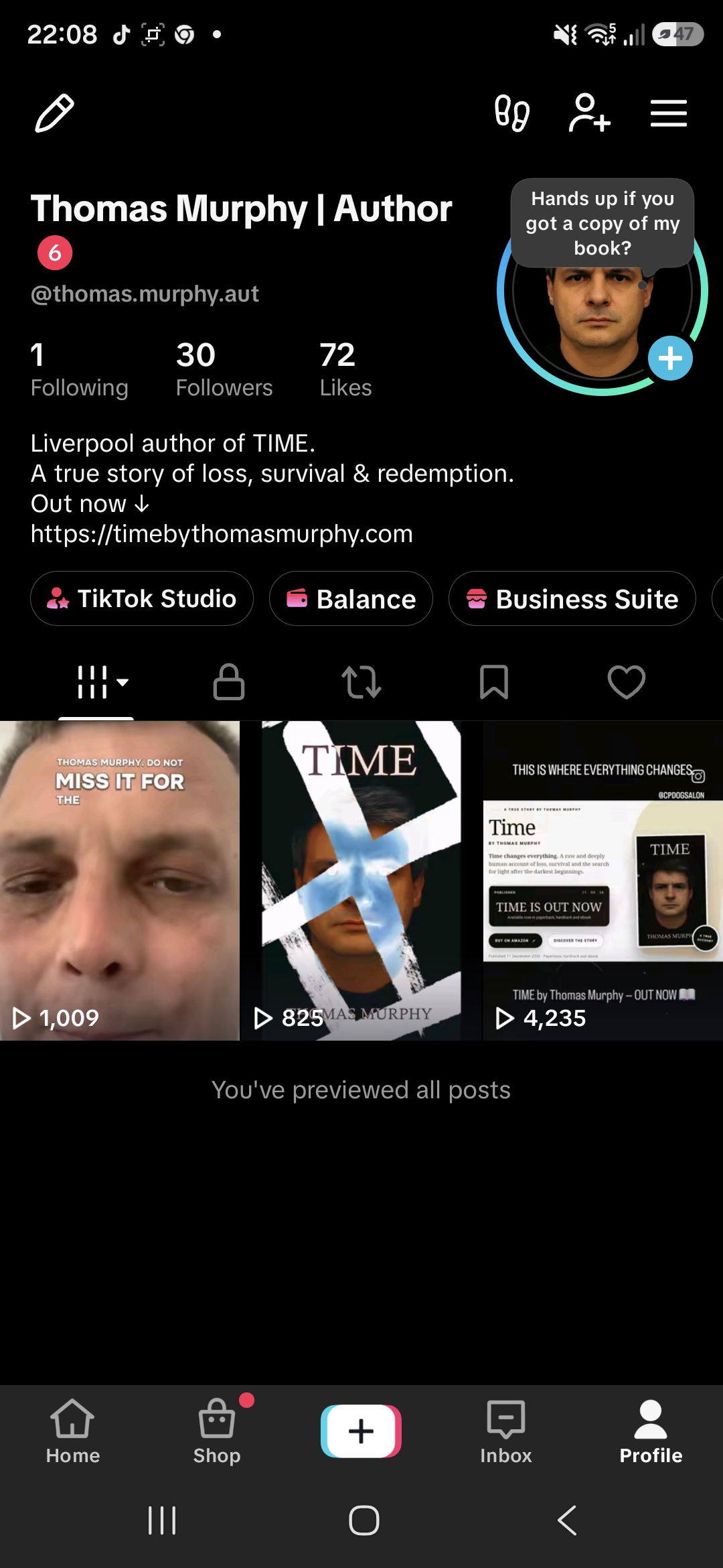 Thomas Murphy setting up his TikTok author account to promote Time